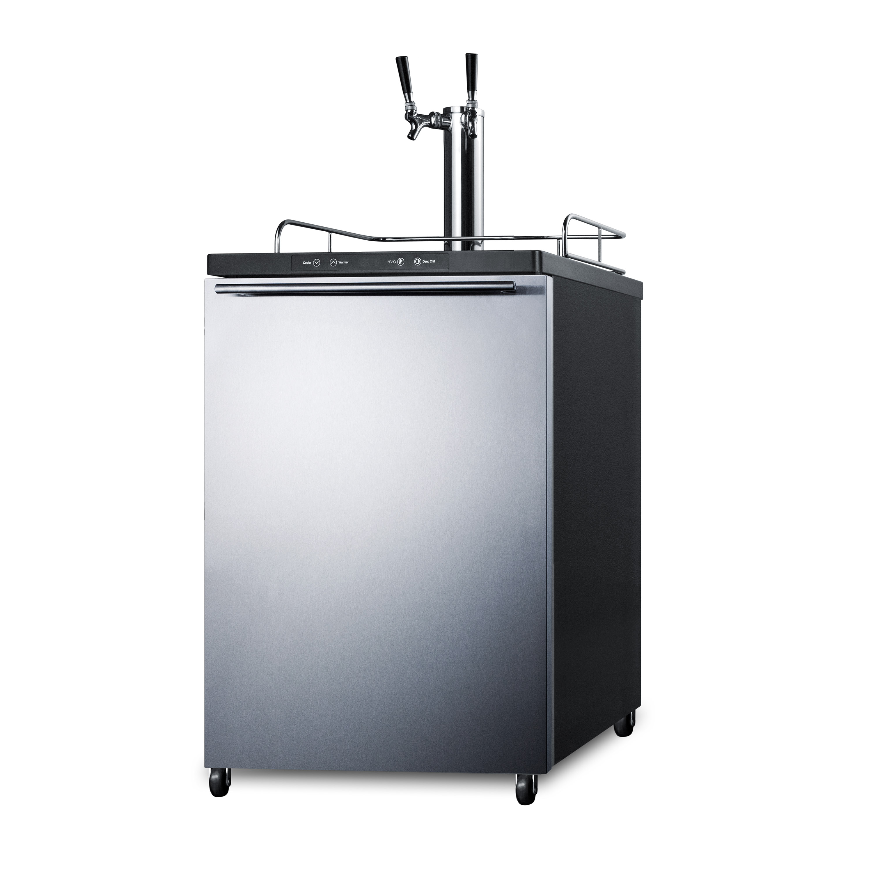 Freestanding dual tap residential beer dispenser, auto defrost w/digital thermostat, SS wrapped door, horizontal handle, and black cabinet